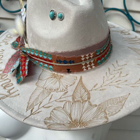 Hand Burned Hat | Wide Brim Hat | Branded Hat | wildflowers faux suede hat | All main image 13